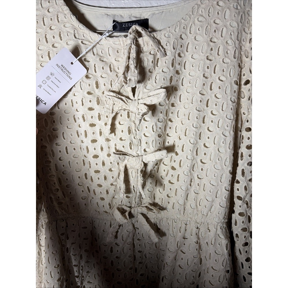 NWT Beige Zesica Long Sleeve Mini Babydoll Dress Tie Front‎ Eyelet, Large - Picture 7 of 9